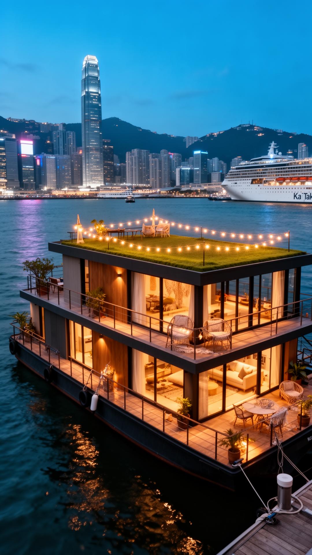 BöHEY houseboat at Kai Tak Cruise Terminal at blue hour
