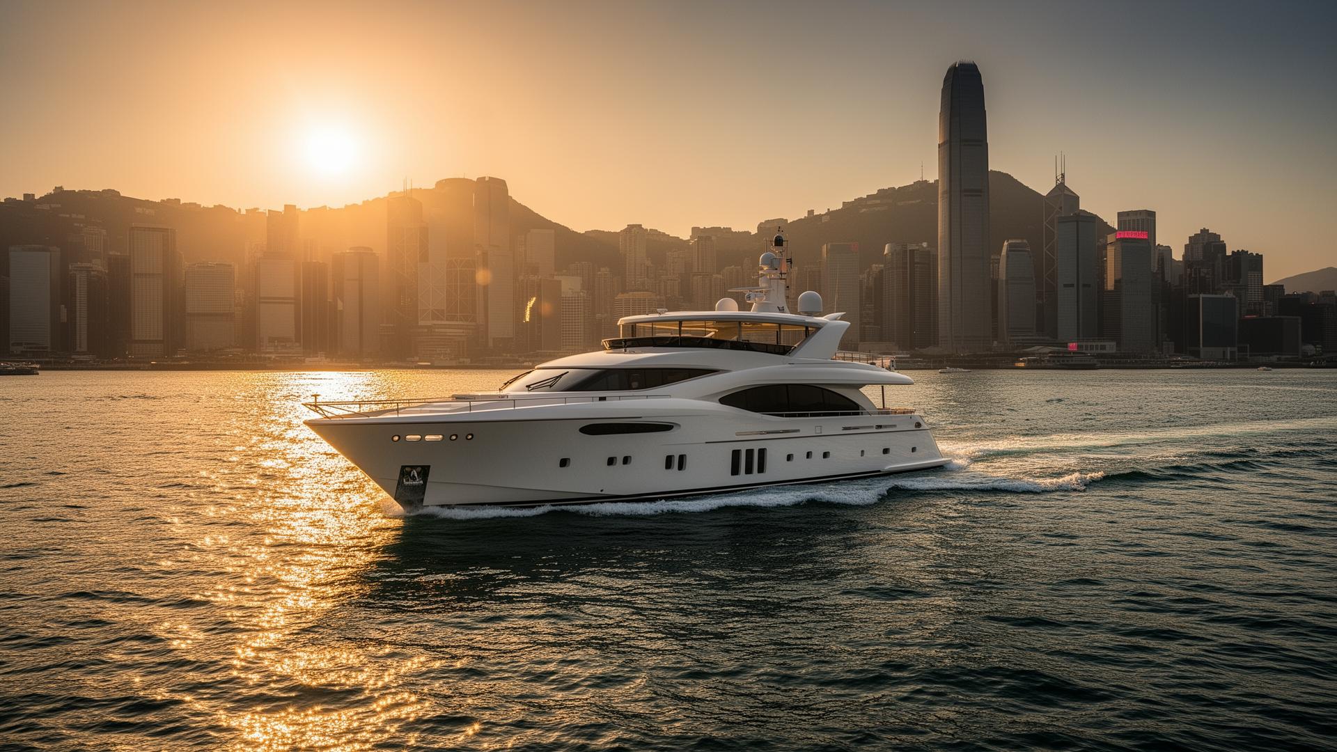Luxury yacht cruising Victoria Harbour at golden hour